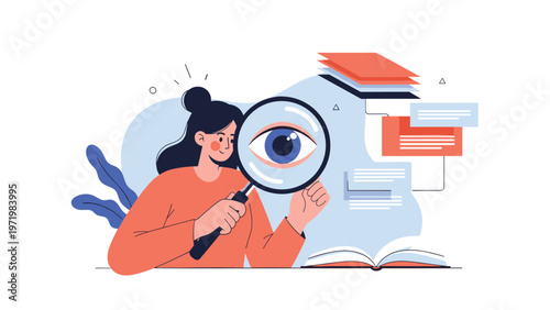 Young woman conducting deep research or investigation by looking through a large magnifying glass at a giant eye symbol and documents.