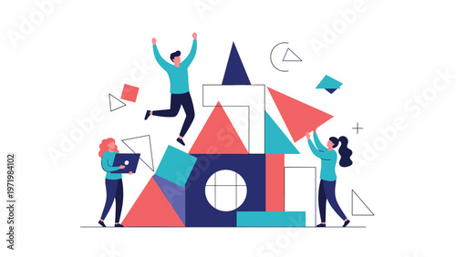 Team of people working together to build a complex structure using giant colorful geometric blocks representing collaborative effort.