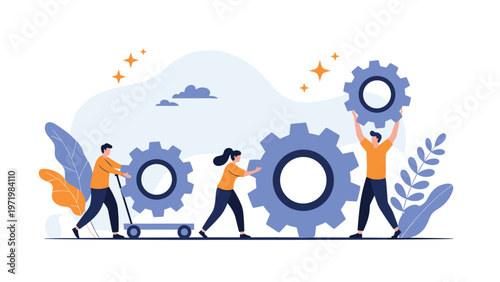 Team of industrial workers collaborating to move and install massive blue gears as part of a complex mechanical engineering process.