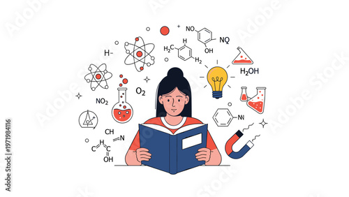 Dedicated student reading a book with scientific icons like atoms and chemistry flasks floating around her head during a study session.