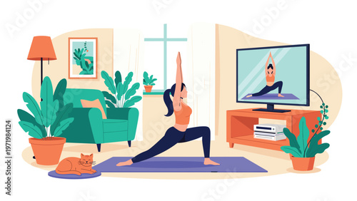 Fit woman practicing yoga poses in her living room while following an online instructional video on a large television screen at home.