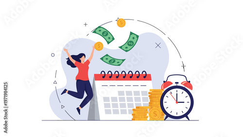 Excited woman jumping for joy as money falls from a calendar near an alarm clock representing payday or meeting a financial goal.