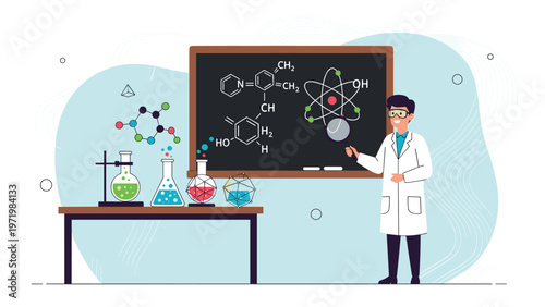 Chemistry teacher in a white lab coat pointing at a chalkboard filled with complex scientific formulas and laboratory glassware.