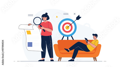 Woman reviewing a long document with a magnifying glass while a man relaxes on a sofa using a digital tablet for home office tasks.