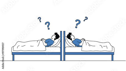 Two men lying in separate beds divided by a wall both looking awake and thoughtful with question marks floating above their heads.