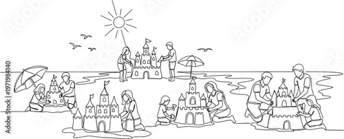 beach scene, sandcastles, sunny day