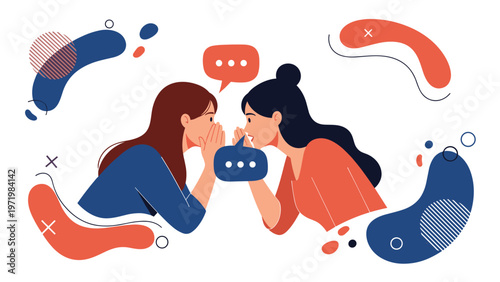 Two women sharing secrets and whispering gossip to each other with colorful abstract shapes and speech bubbles in the background.