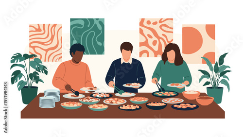 Group of people enjoying a self-service buffet with diverse food options at a social gathering or catered event in a modern setting.