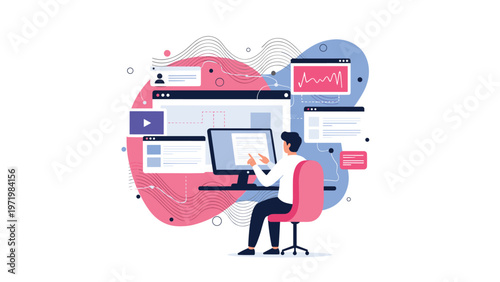 Man sitting at a desk multitasking on a computer with multiple data windows and interface elements floating in an abstract space.