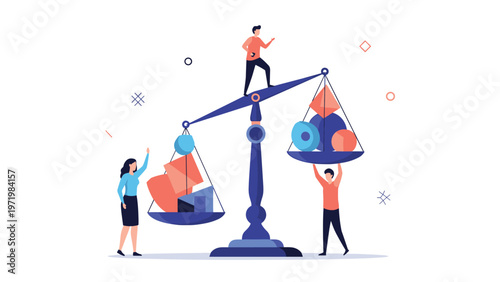 Group of people carefully balancing different colorful geometric shapes on a large scale to represent equality and strategic planning.