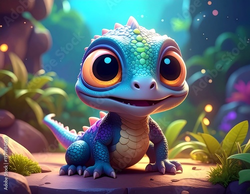 Adorable, big-eyed baby lizard with colorful scales, on a mossy rock, surrounded by lush jungle foliage