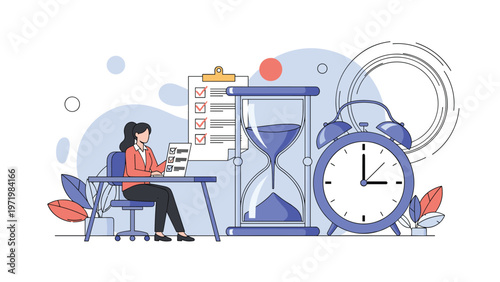 Productive employee working at a desk on a checklist with a giant hourglass and alarm clock representing time management skills.