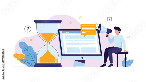 Marketing professional using a megaphone near a giant hourglass and computer monitor to announce an urgent limited time offer online.