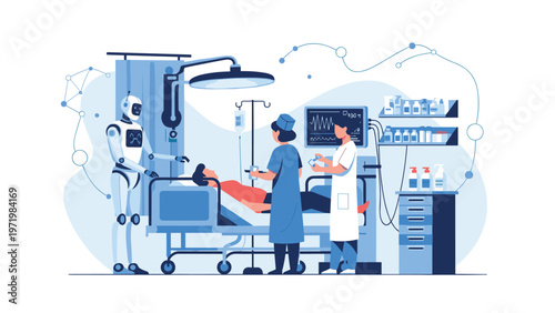 Medical team including a robot assistant treating a patient in a high tech hospital bed with advanced monitoring equipment for health.