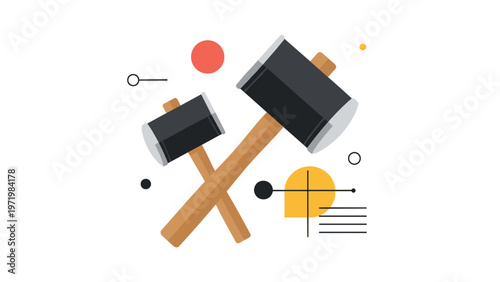Two traditional wooden mallets or gavels crossed over an abstract background with geometric shapes representing law and justice.