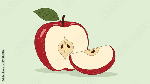 Fresh red apple with a slice cut out of it showing the seeds inside against a pale green background representing healthy eating habits.