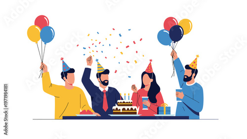 Group of happy friends celebrating a birthday party with a cake balloons gifts and party hats in a joyful festive atmosphere.