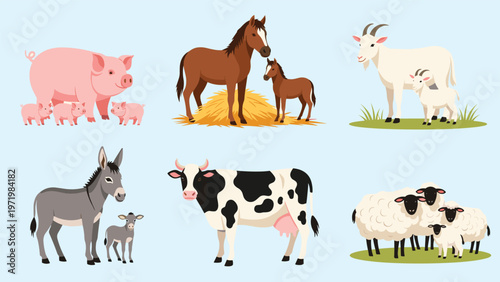 Variety of common farm animals including pigs horses goats donkeys cows and sheep with their offspring on a light blue background.