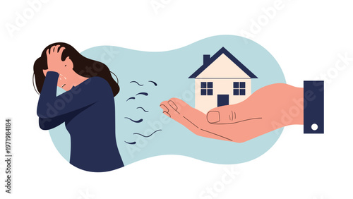 Distressed woman feeling overwhelmed by housing costs as a giant hand offers a small house icon representing real estate stress.
