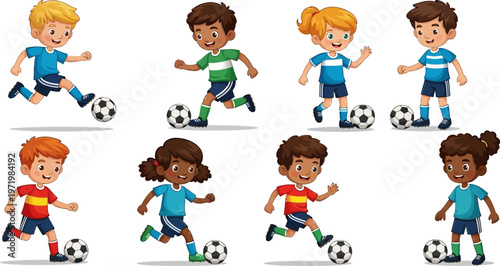Diverse group of happy cartoon children playing soccer, dribbling and kicking the ball on a clean white background.