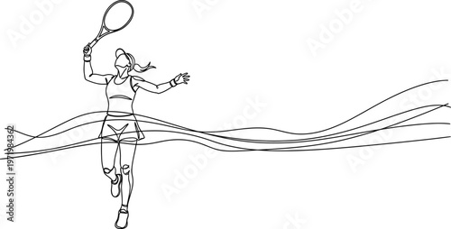 Dynamic continuous line drawing of a female tennis player serving with a racket, capturing motion and energy in a minimalist style.