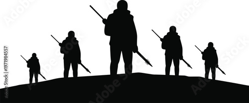 Silhouetted figures with swords on a hilltop a dark and mysterious scene