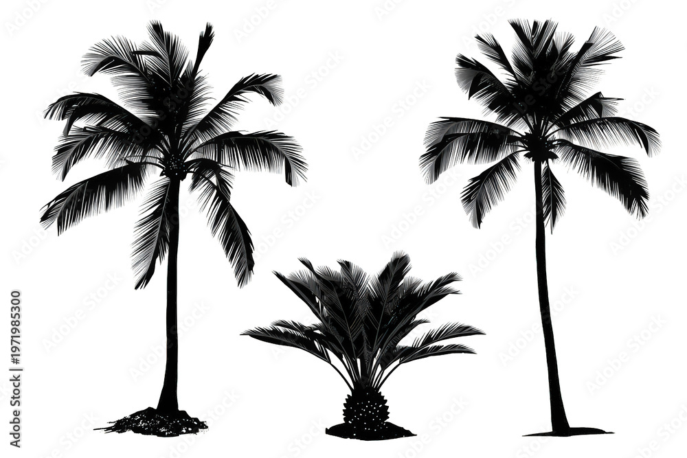 Fototapeta premium Tropical silhouette tree set including palm and sago palms isolated on transparent background