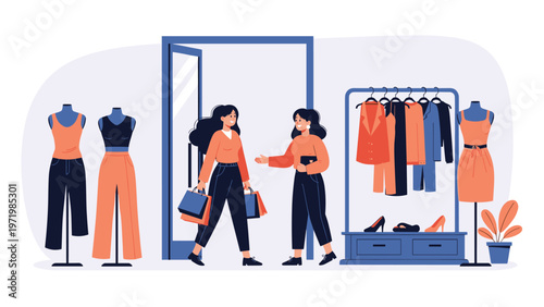 Two friends browsing through clothes and accessories in a trendy fashion boutique with mannequins and garment racks.