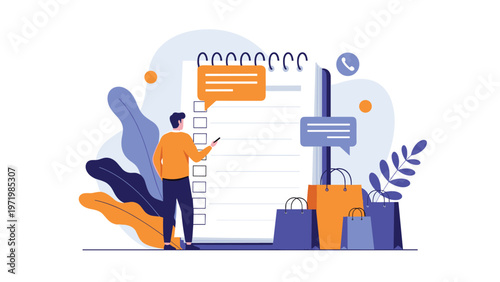 Organized man checking shopping list from giant notepad while surrounded by colorful shopping bags after purchase.