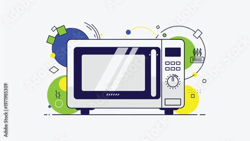Modern microwave oven kitchen appliance illustration with clean design and abstract geometric background elements.