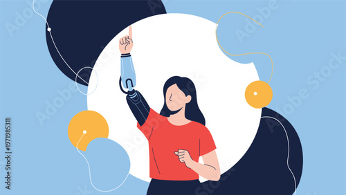 Inspiring young woman with bionic prosthetic arm pointing upwards confidently against modern abstract background.
