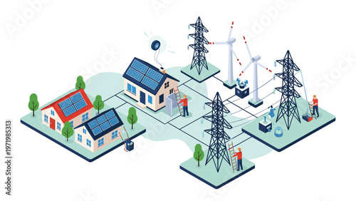 Sustainable isometric neighborhood powered by green energy sources like solar panels and wind turbines for future.
