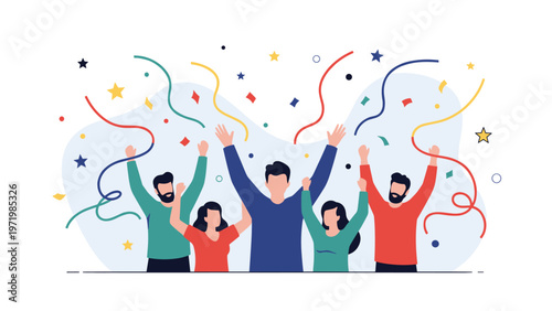 Group of happy people celebrating a success, party, or victory with raised hands under falling colorful confetti and streamers.