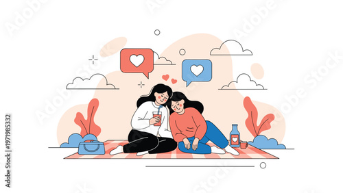 Romantic female couple enjoying a peaceful picnic on a blanket outdoors under a soft sunset sky with heart symbols.