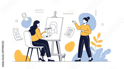 Talented artist painting a portrait of a woman on an easel while an instructor provides creative guidance in studio.