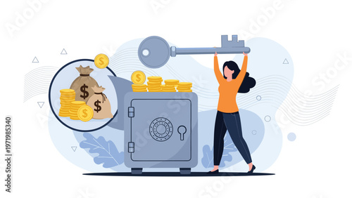 Successful woman holding a giant key above a large security safe filled with money bags and gold coins for wealth.