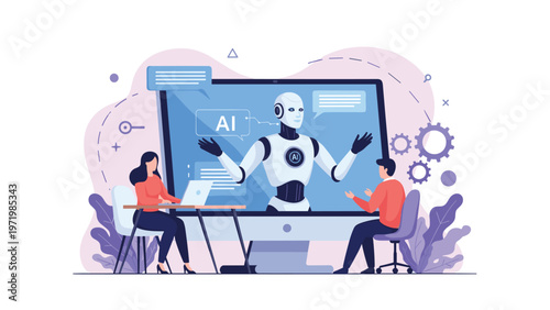 Group of business professionals interacting with a futuristic humanoid ai robot on a large digital screen in office.