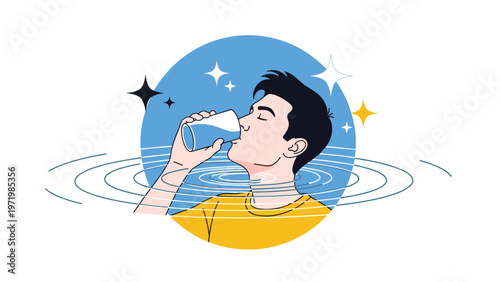 Young man drinking a refreshing glass of water in a ripple of clear liquid symbolizing hydration, health, and clean natural resources.