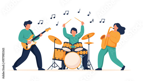 Talented music band featuring a guitarist, drummer, and saxophonist performing together with musical notes floating around.