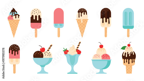 Delicious variety of ice cream treats including cones, popsicles, and sundaes with chocolate, fruit, and sprinkles on a white background.