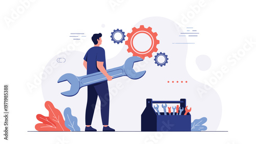 Skilled repairman carrying a large blue wrench next to a toolbox and mechanical gears for service and maintenance concept.