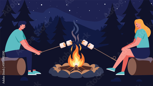Romantic couple roasting marshmallows over a warm campfire in a tranquil pine forest under a beautiful starry night sky.