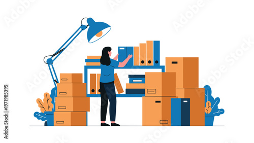 Hardworking woman organizing blue folders on a shelf surrounded by numerous cardboard boxes in a busy warehouse or office space.