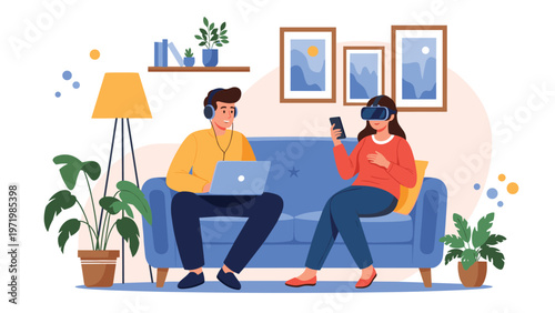 Friends relaxing at home on a sofa with one person using a laptop and the other exploring virtual reality with a VR headset.