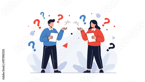 Two professional colleagues discussing important documents while surrounded by floating question marks for collaborative problem solving.