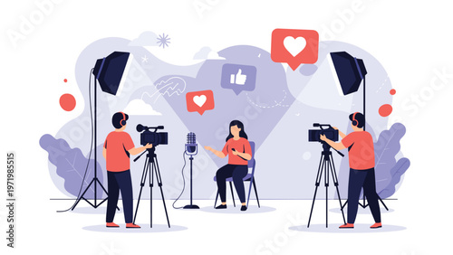 Professional television studio setup with cameras and bright lights where a woman is being interviewed for a popular media show.