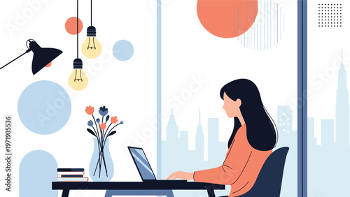 Productive woman working on a laptop at a modern desk with a scenic view of a city skyline through the large window behind her.