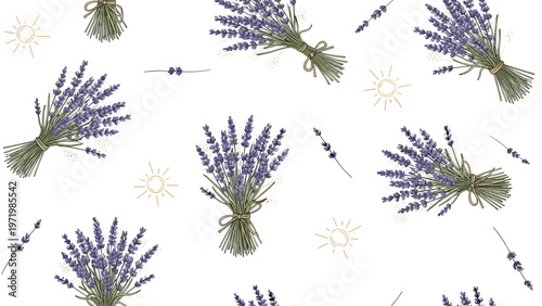 Beautiful seamless pattern of hand-drawn lavender bouquets and small sun icons on a clean white background for fabric design.