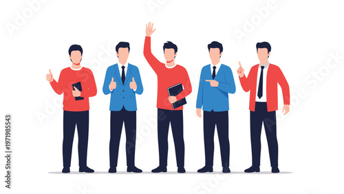 Group of five professional men in casual business attire standing together while making various positive gestures of success.