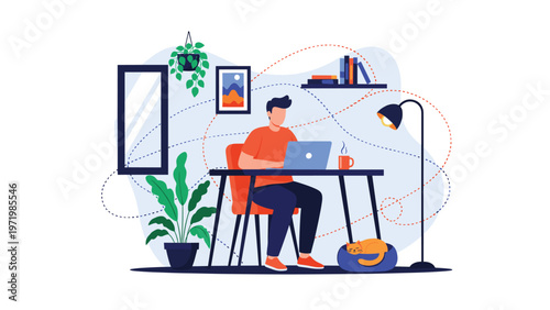 Remote work from home concept with professional man using laptop at office desk in modern apartment with plants and cat.